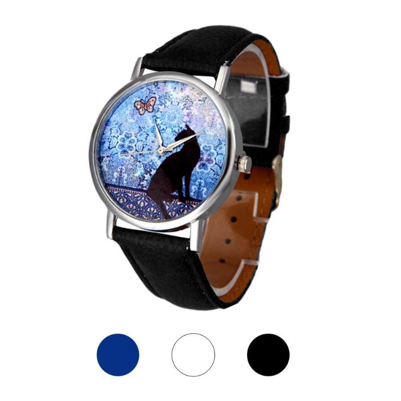 Montre-bracelet En Cuir Avec Motif Chat