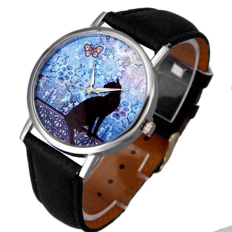 Montre-bracelet En Cuir Avec Motif Chat