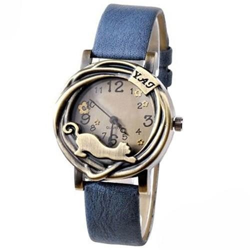 Montre-bracelet En Cuir Design Vintage Chat Et Fleur