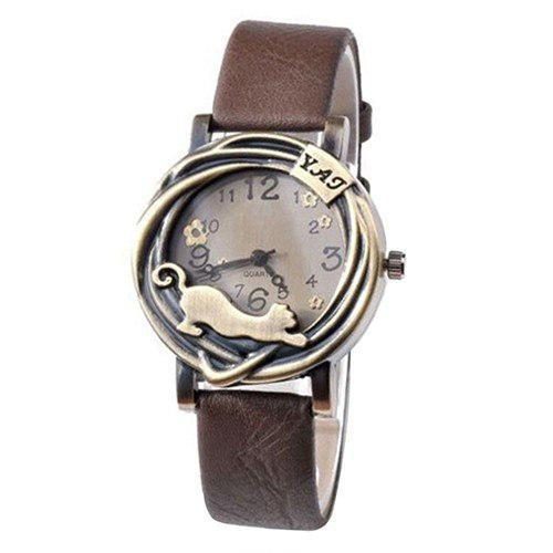 Montre-bracelet En Cuir Design Vintage Chat Et Fleur