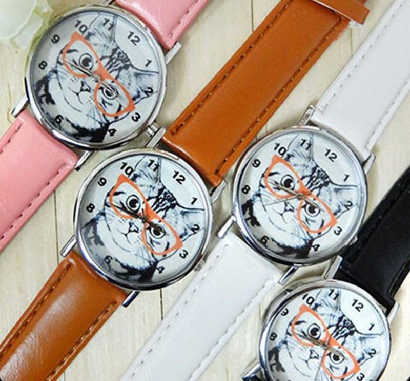 Montre En Cuir Ronde Analogique Chat