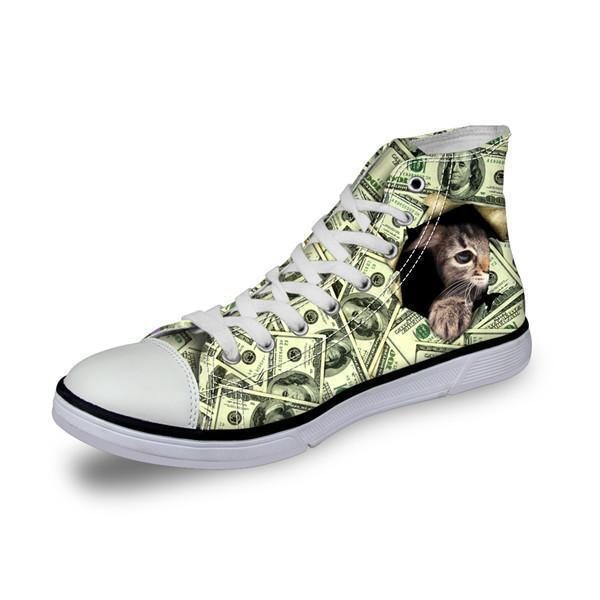 Shy Cat In Dollars Print High Top Canvas Chaussures Femme