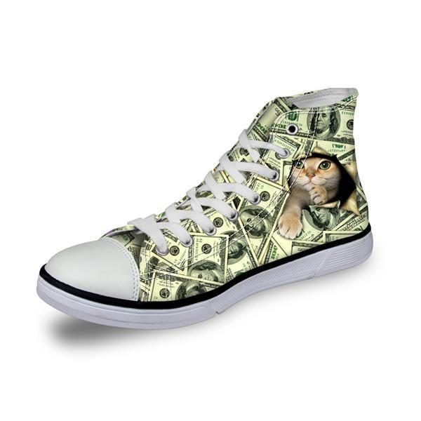 Sneaky Cat In Dollars Print High Top Canvas Chaussures Femme